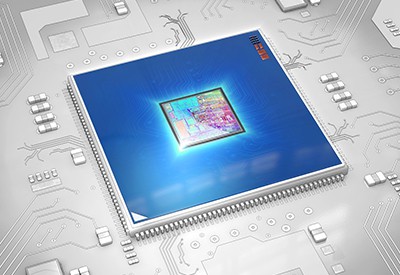 3d rendering of a CPU processor on white motherboard background