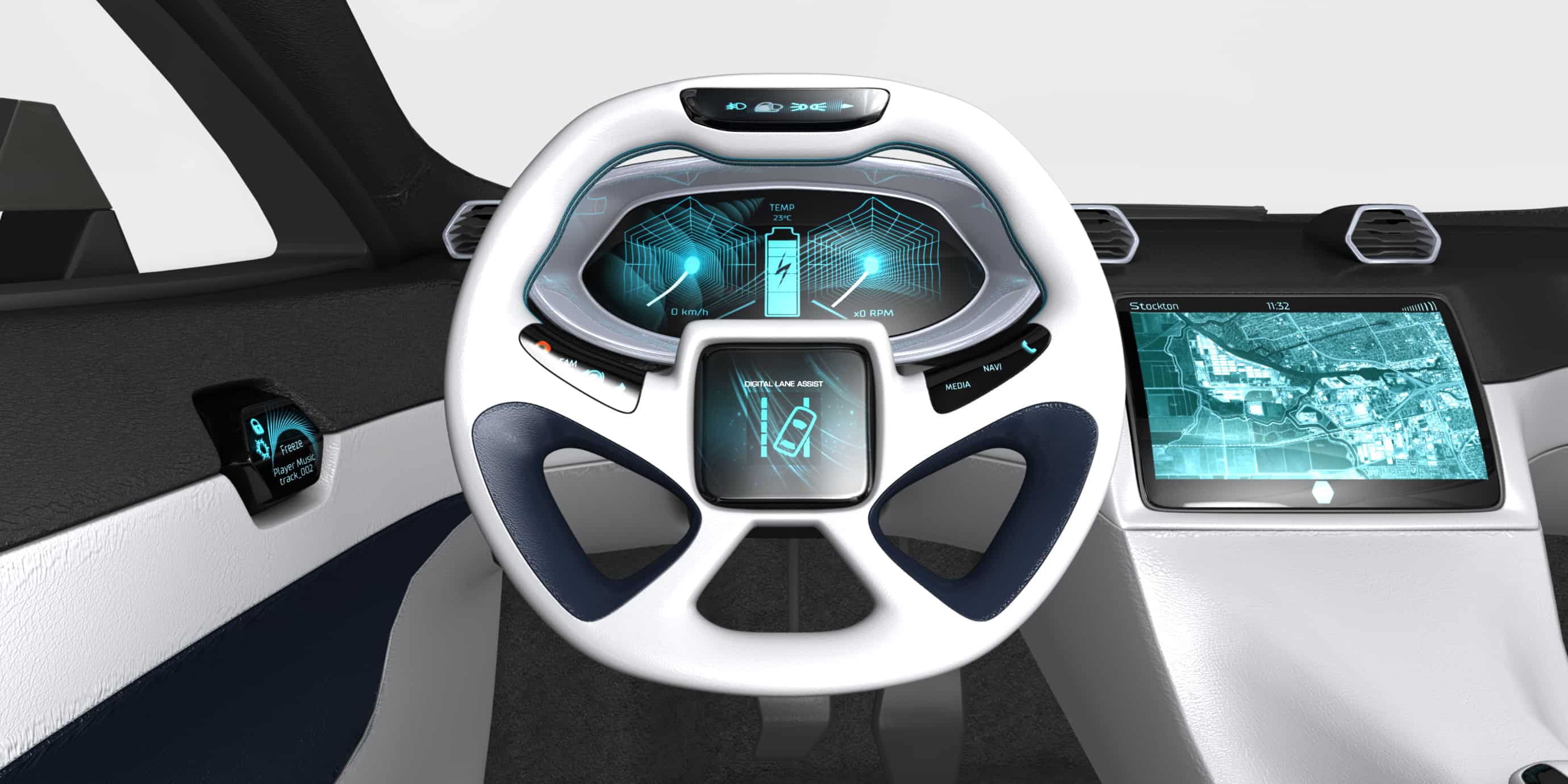 Inside a car, the steering wheel and infotainment dashboard