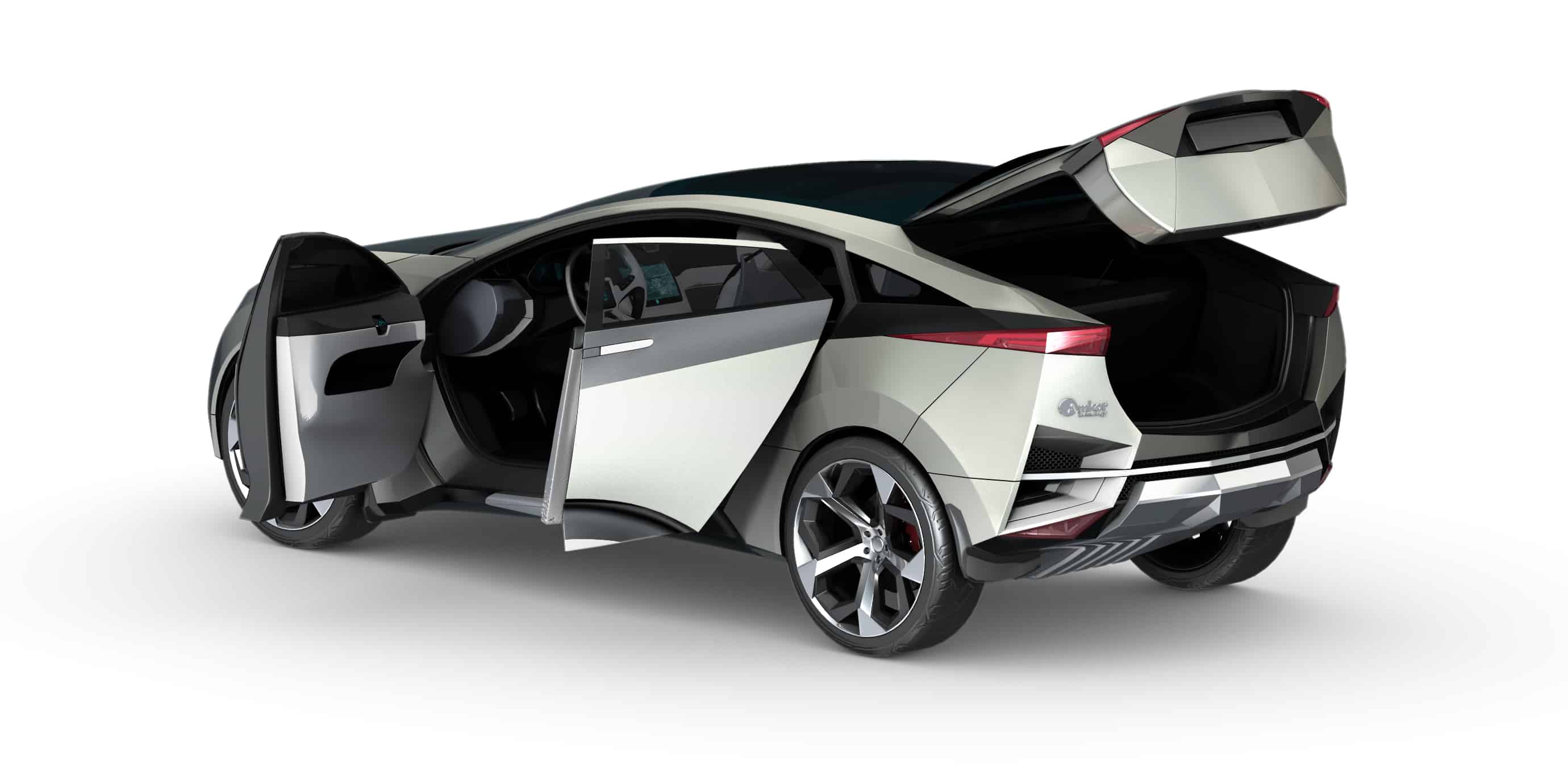 Futuristic car with doors and back hatch opened