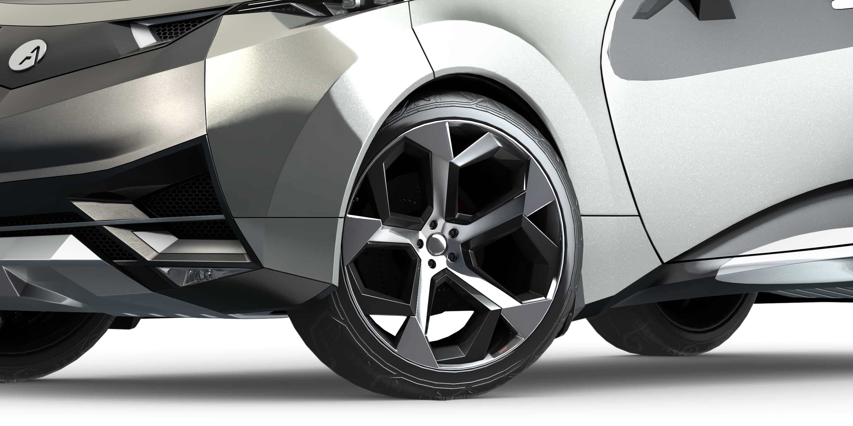 Closeup shot of tire on a silver futuristic vehicle