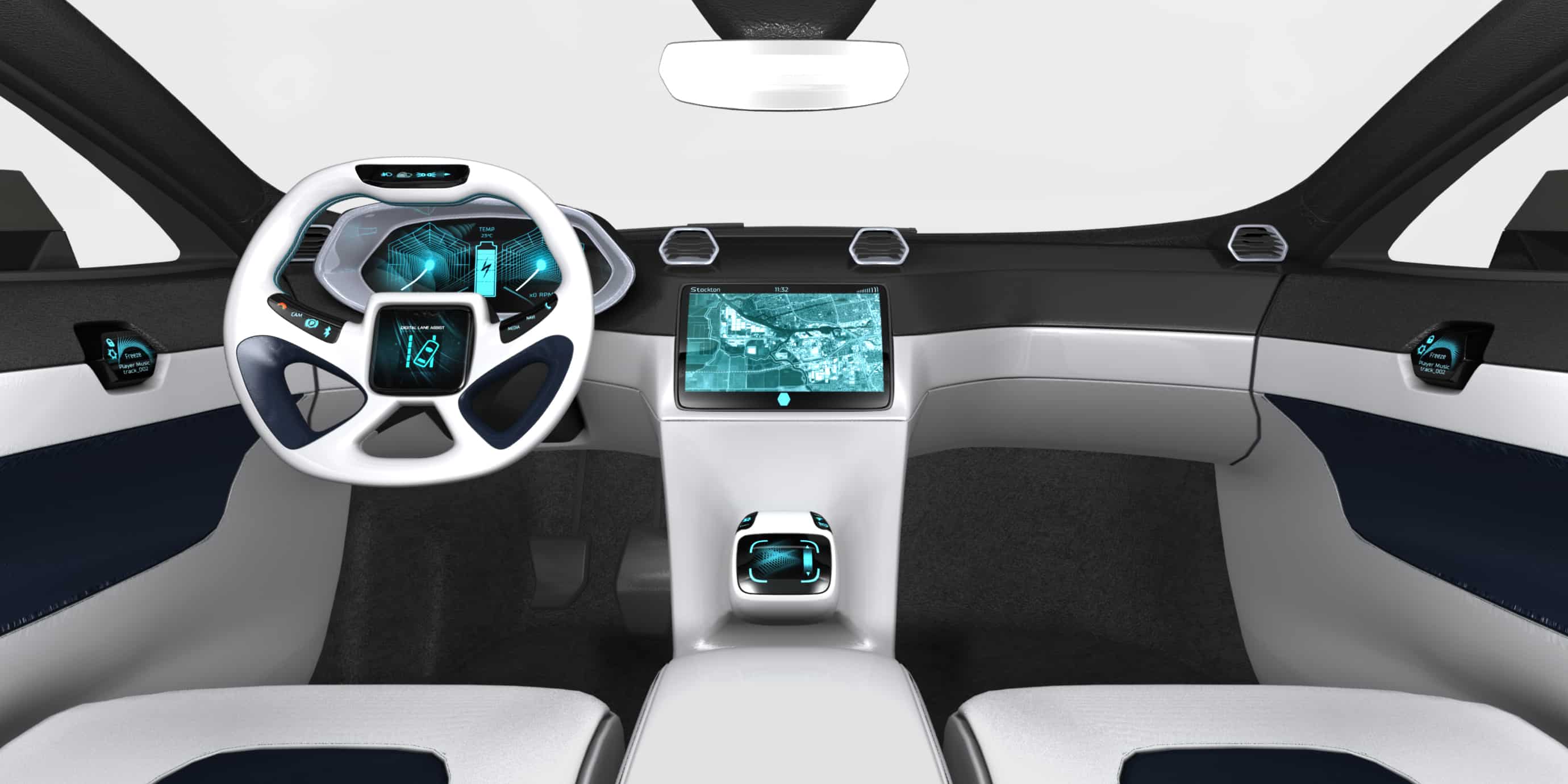 Inside a car, the steering wheel and infotainment dashboard