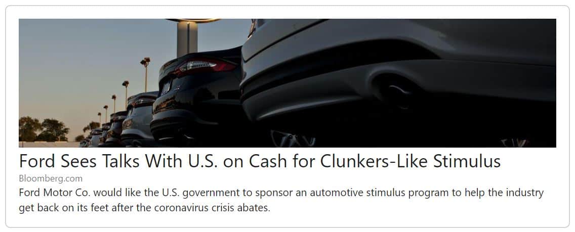 Link to Ford expects talks with US on cash for clunkers like stimulus Article